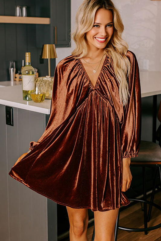 Clay Elastic V-Neck Puff Sleeve Short Velvet Dress