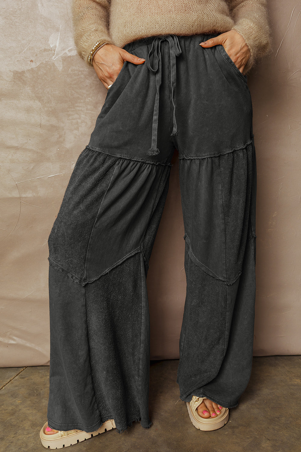Black Mineral Wash Wide Leg Patchwork Drawstring Pants